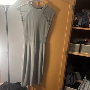 French connection light green gray dress mid length with Sheer shoulders